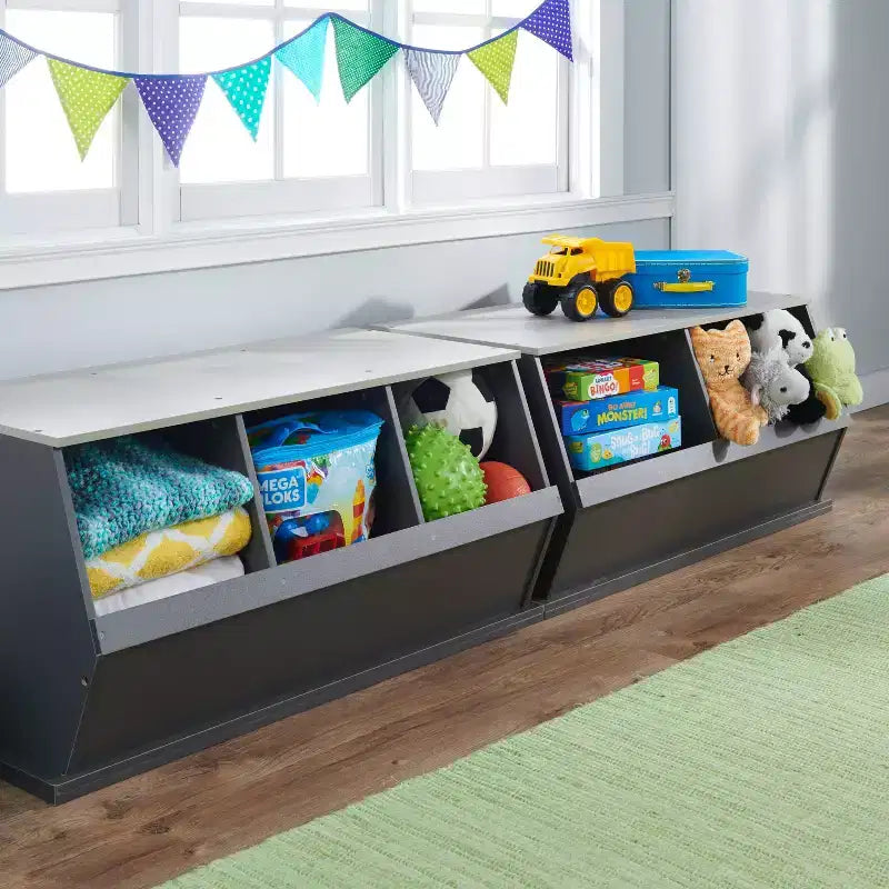 Badger Basket Cubby portagiochi impilabile a 2 scomparti in laminato MDF effetto legno carbone/grigio con retro chiuso, 3+ anni