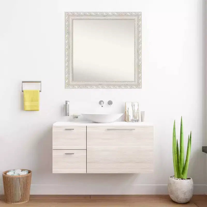 Square Wood Wall Mirror with Distressed Cream Frame, 81.3 × 81.3 cm