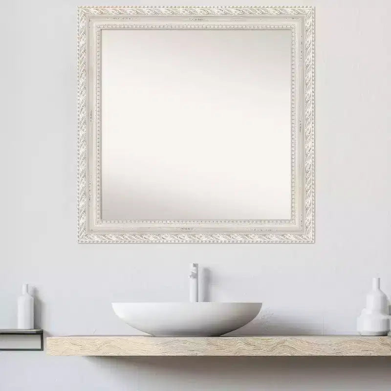 Square Wood Wall Mirror with Distressed Cream Frame, 81.3 × 81.3 cm