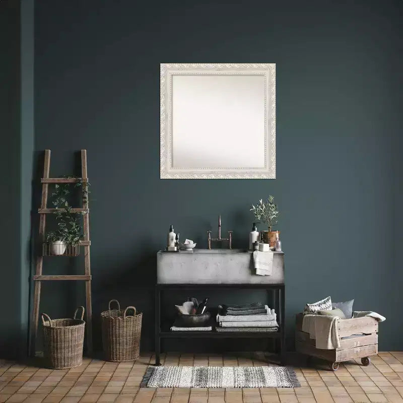Square Wood Wall Mirror with Distressed Cream Frame, 81.3 × 81.3 cm