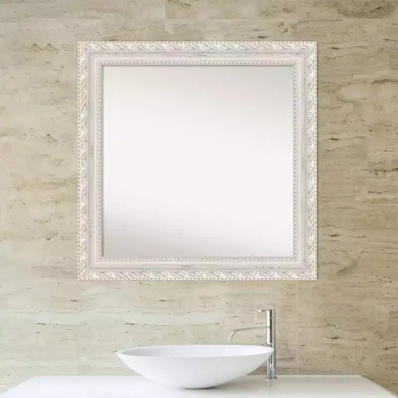 Square Wood Wall Mirror with Distressed Cream Frame, 81.3 × 81.3 cm