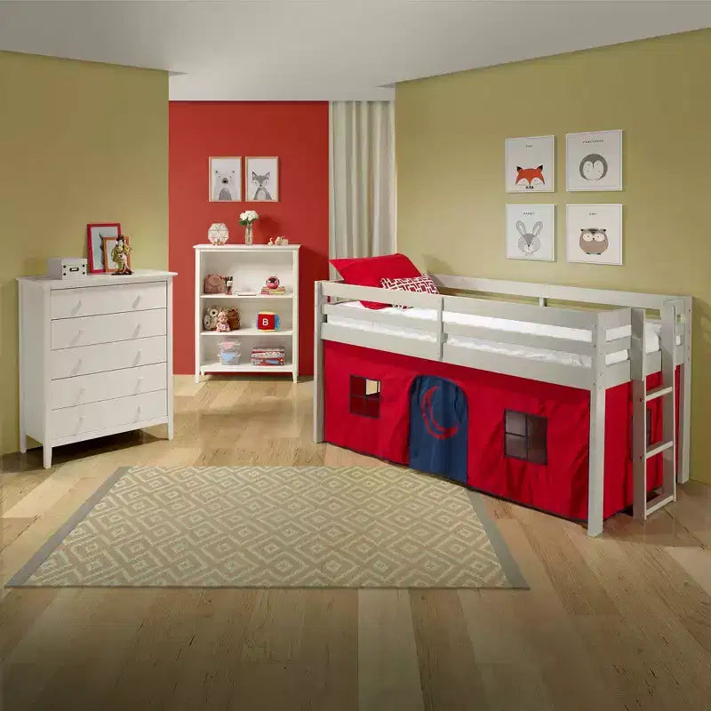 Letto a soppalco singolo Jasper Junior Kids' di Alaterre Furniture, struttura grigio tortora e tenda da gioco rossa/blu