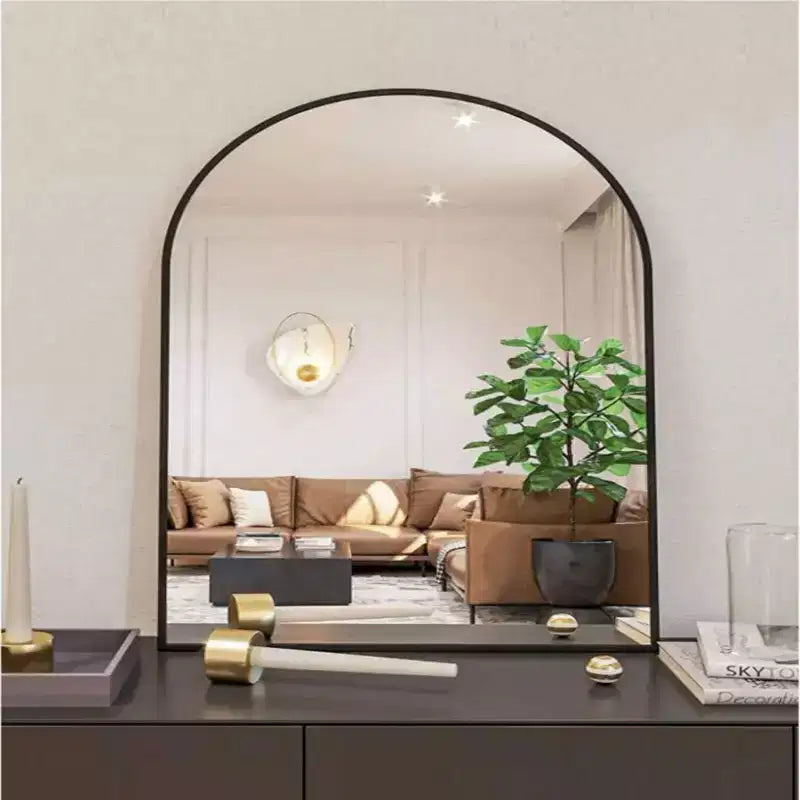 Black and Gold Arched Metal Wall Mirror, 66 × 96.5 cm