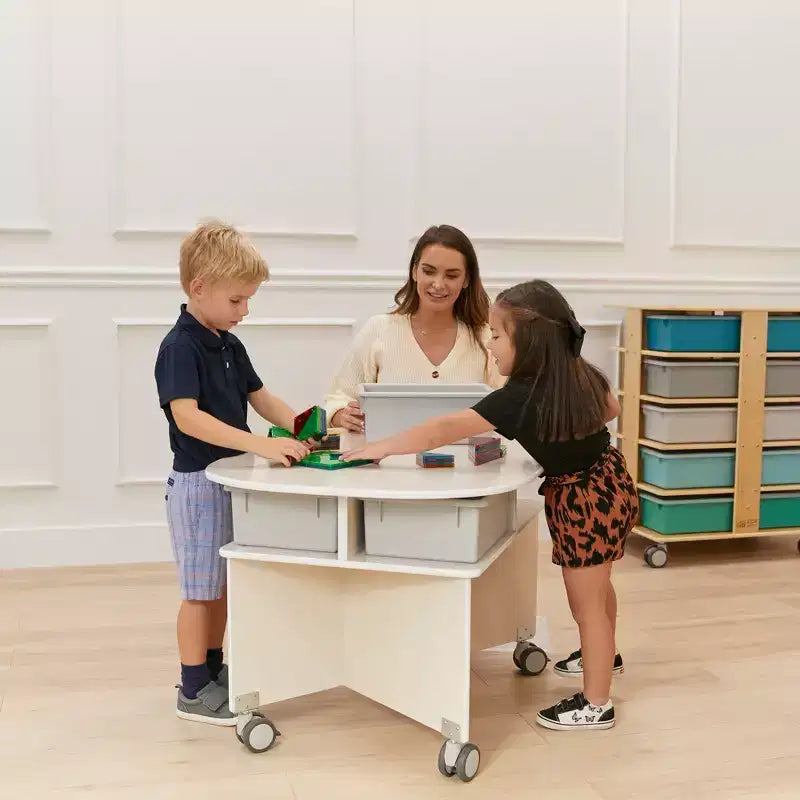 Mobile Oval Collaboration Table with 4 Storage Compartments and Locking Casters