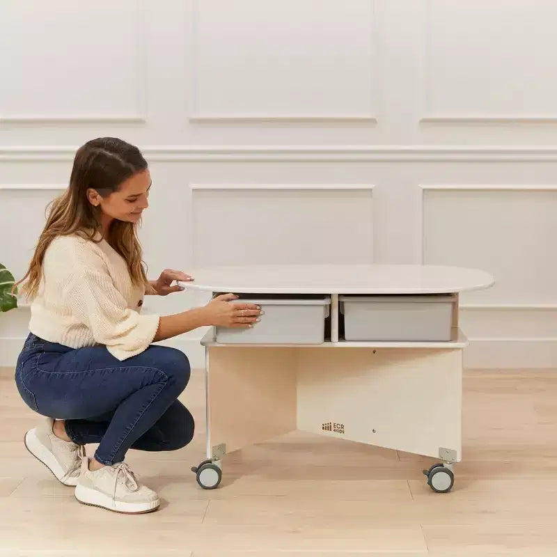 Mobile Oval Collaboration Table with 4 Storage Compartments and Locking Casters