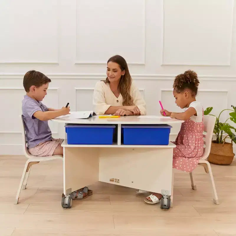 Mobile Oval Collaboration Table with 4 Storage Compartments and Locking Casters