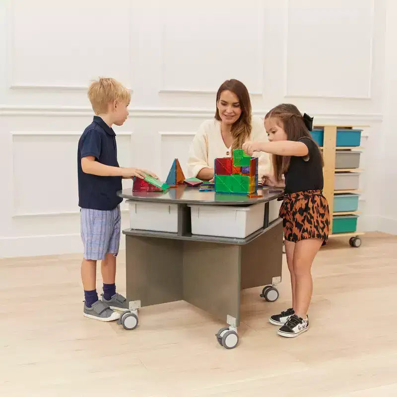 Mobile Oval Collaboration Table with 4 Storage Compartments and Locking Casters