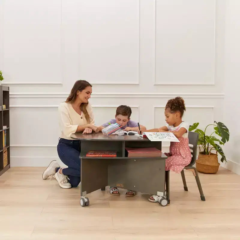 Mobile Oval Collaboration Table with 4 Storage Compartments and Locking Casters