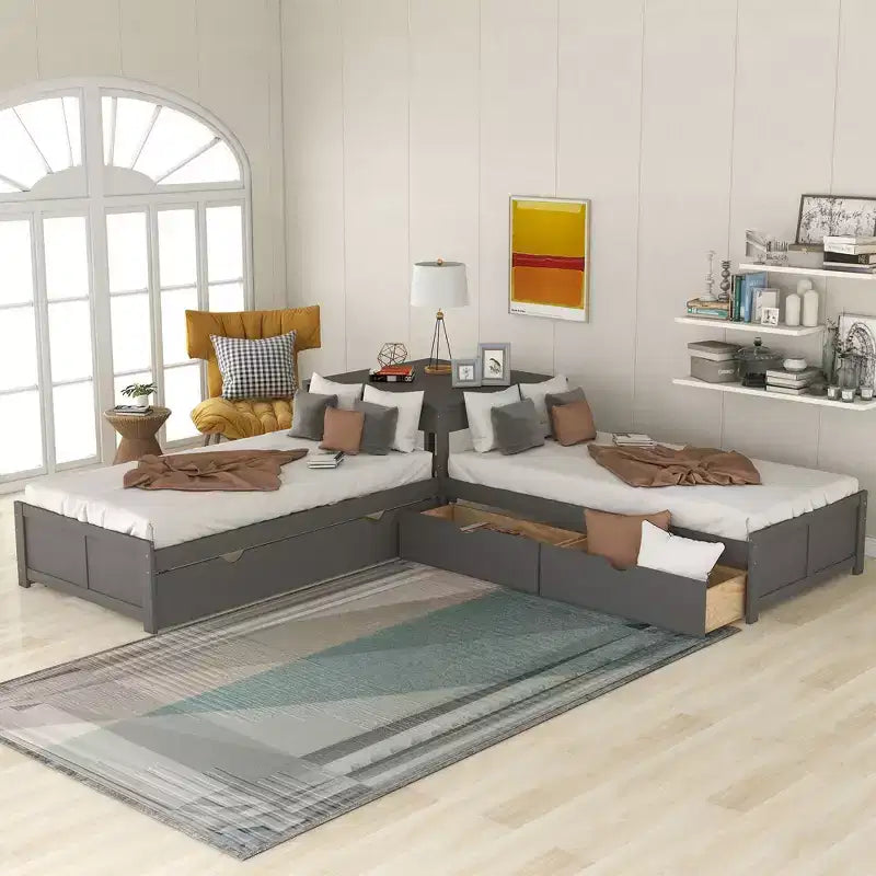 L-Shaped Platform Bed with Trundle, Drawers and Built-in Desk, Gray, 97 × 191 cm