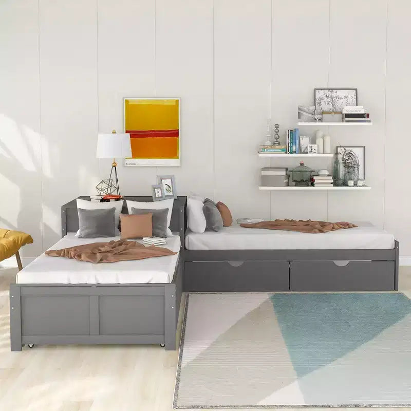 L-Shaped Platform Bed with Trundle, Drawers and Built-in Desk, Gray, 97 × 191 cm