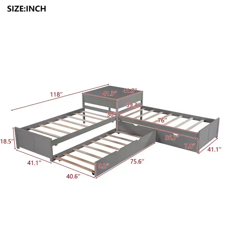 L-Shaped Platform Bed with Trundle, Drawers and Built-in Desk, Gray, 97 × 191 cm
