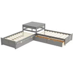 L-Shaped Platform Bed with Trundle, Drawers and Built-in Desk, Gray, 97 × 191 cm