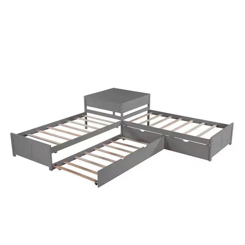 L-Shaped Platform Bed with Trundle, Drawers and Built-in Desk, Gray, 97 × 191 cm