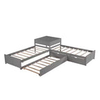L-Shaped Platform Bed with Trundle, Drawers and Built-in Desk, Gray, 97 × 191 cm