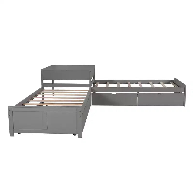 L-Shaped Platform Bed with Trundle, Drawers and Built-in Desk, Gray, 97 × 191 cm