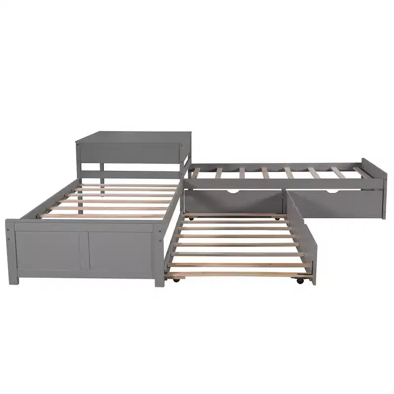 L-Shaped Platform Bed with Trundle, Drawers and Built-in Desk, Gray, 97 × 191 cm