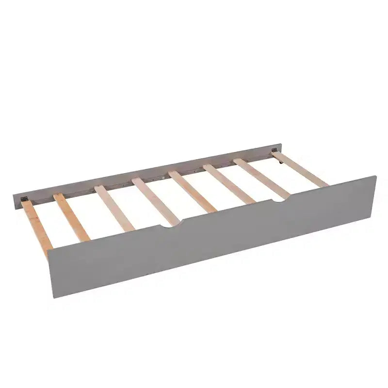 L-Shaped Platform Bed with Trundle, Drawers and Built-in Desk, Gray, 97 × 191 cm