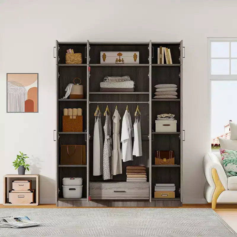 4-Door Wardrobe Armoire with Top Cabinets and Drawer, Acacia and MDF