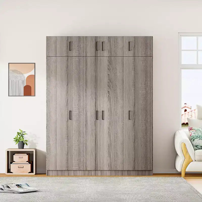 4-Door Wardrobe Armoire with Top Cabinets and Drawer, Acacia and MDF