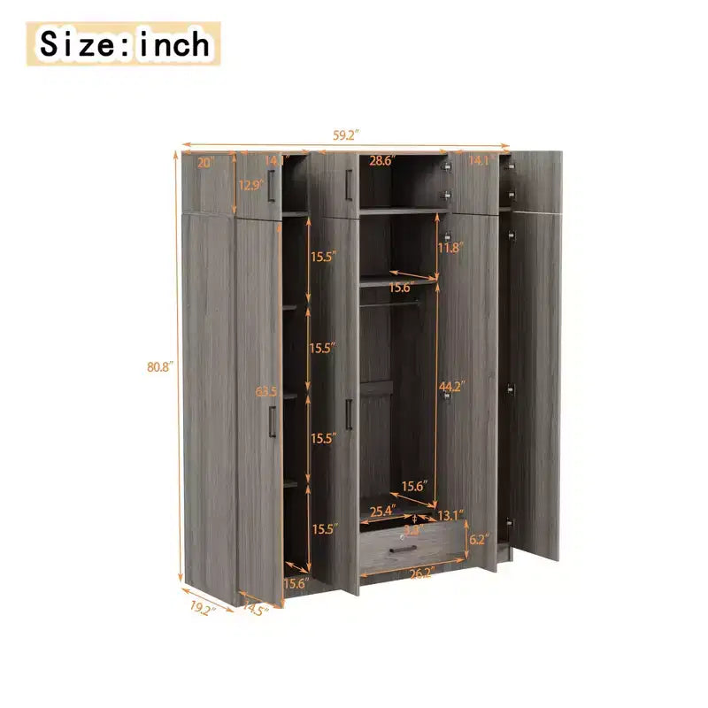 4-Door Wardrobe Armoire with Top Cabinets and Drawer, Acacia and MDF
