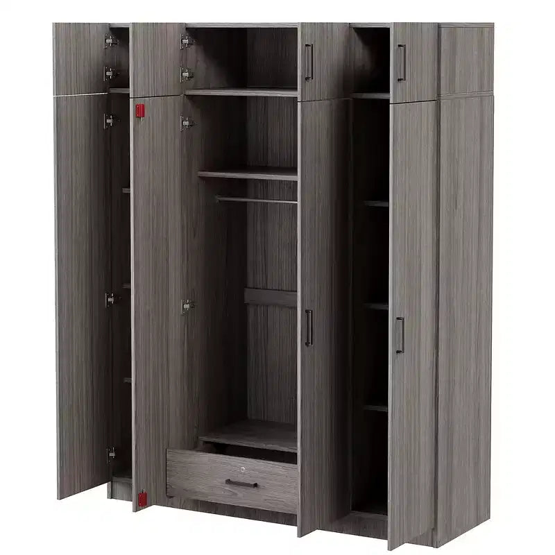 4-Door Wardrobe Armoire with Top Cabinets and Drawer, Acacia and MDF