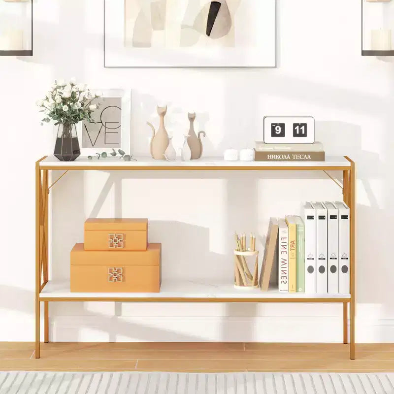 Costway Narrow Console Table 2-Tier Entryway Table with Storage 2 Support Bars Sofa Table Brown/White