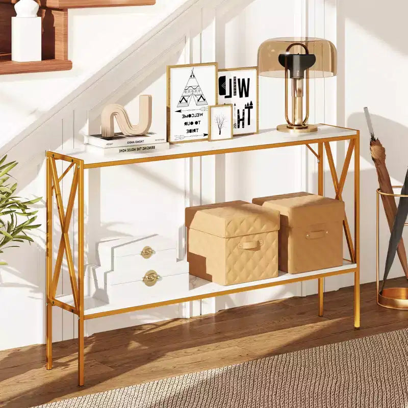 Costway Narrow Console Table 2-Tier Entryway Table with Storage 2 Support Bars Sofa Table Brown/White