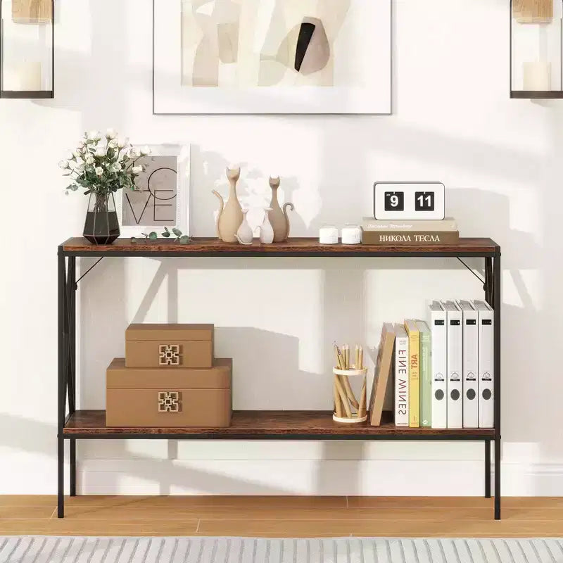 Costway Narrow Console Table 2-Tier Entryway Table with Storage 2 Support Bars Sofa Table Brown/White