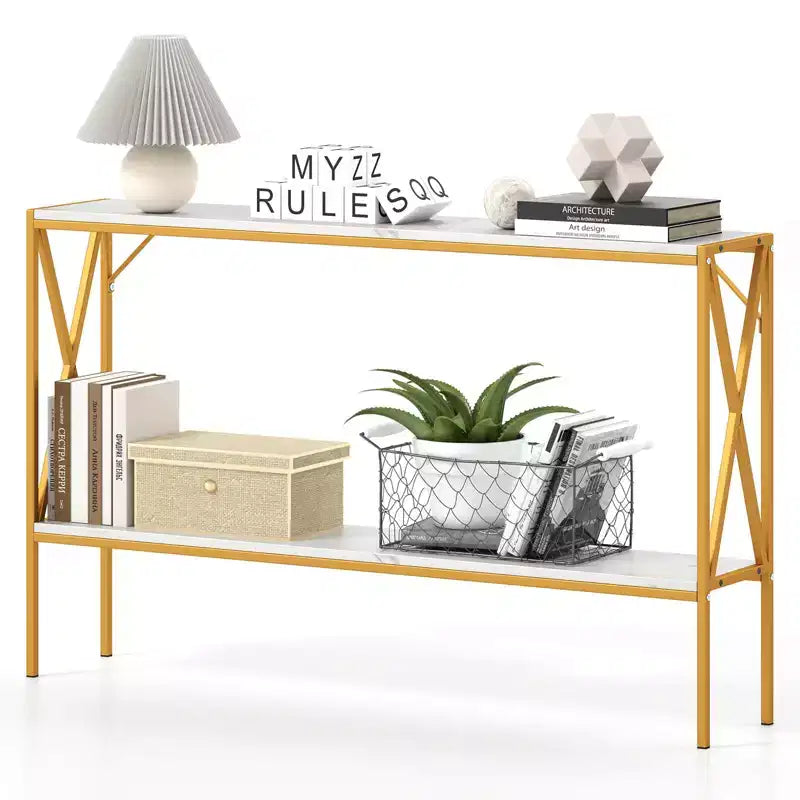 Costway Narrow Console Table 2-Tier Entryway Table with Storage 2 Support Bars Sofa Table Brown/White