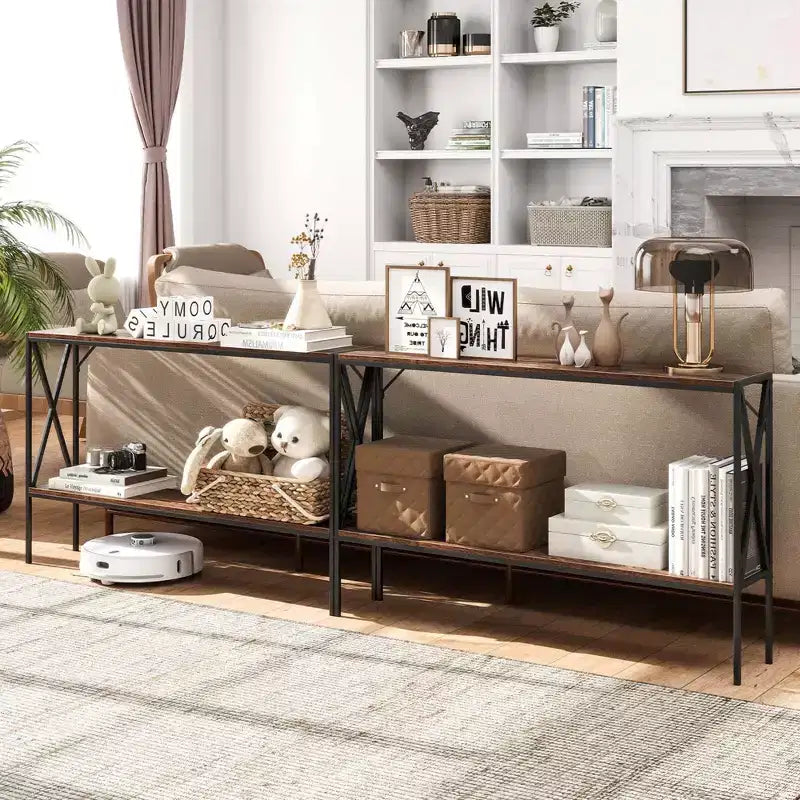 Costway Narrow Console Table 2-Tier Entryway Table with Storage 2 Support Bars Sofa Table Brown/White