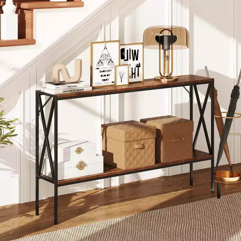 Costway Narrow Console Table 2-Tier Entryway Table with Storage 2 Support Bars Sofa Table Brown/White