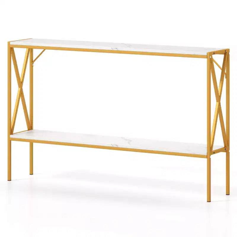 Costway Narrow Console Table 2-Tier Entryway Table with Storage 2 Support Bars Sofa Table Brown/White