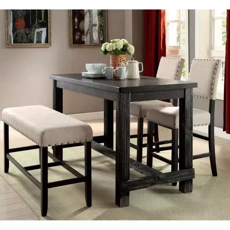 Simple Relax Set of 2 Upholstered Counter Height Chairs in Antique Black and Beige