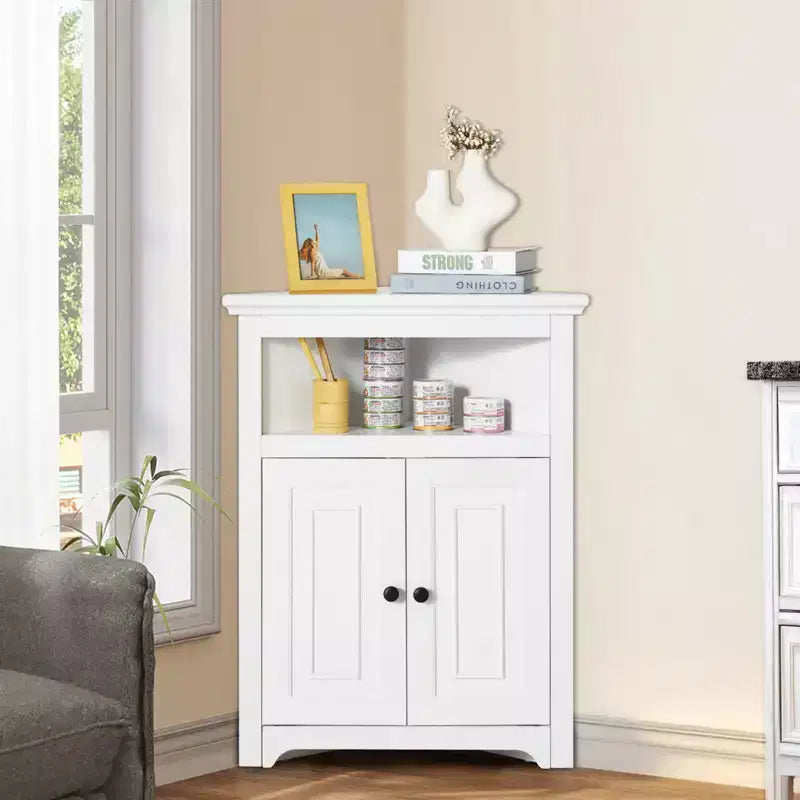 VEVOR 32 Corner Storage Cabinet, 3 Tiers Small Storage Cabinet with 2 Wooden Doors & Adjustable Shelves, Freestanding Corner Kitchen Cabinet