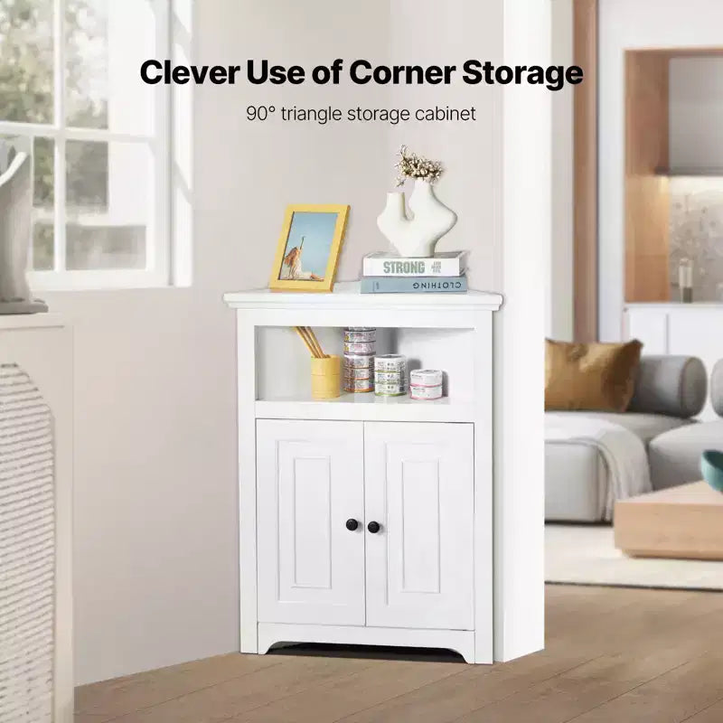 VEVOR 32 Corner Storage Cabinet, 3 Tiers Small Storage Cabinet with 2 Wooden Doors & Adjustable Shelves, Freestanding Corner Kitchen Cabinet