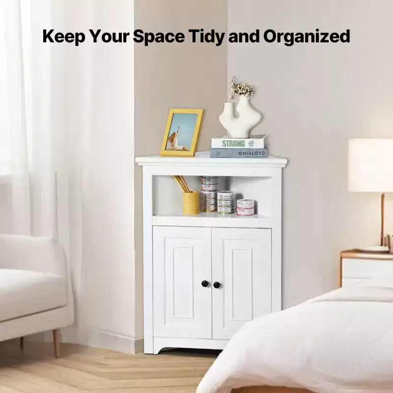 VEVOR 32 Corner Storage Cabinet, 3 Tiers Small Storage Cabinet with 2 Wooden Doors & Adjustable Shelves, Freestanding Corner Kitchen Cabinet