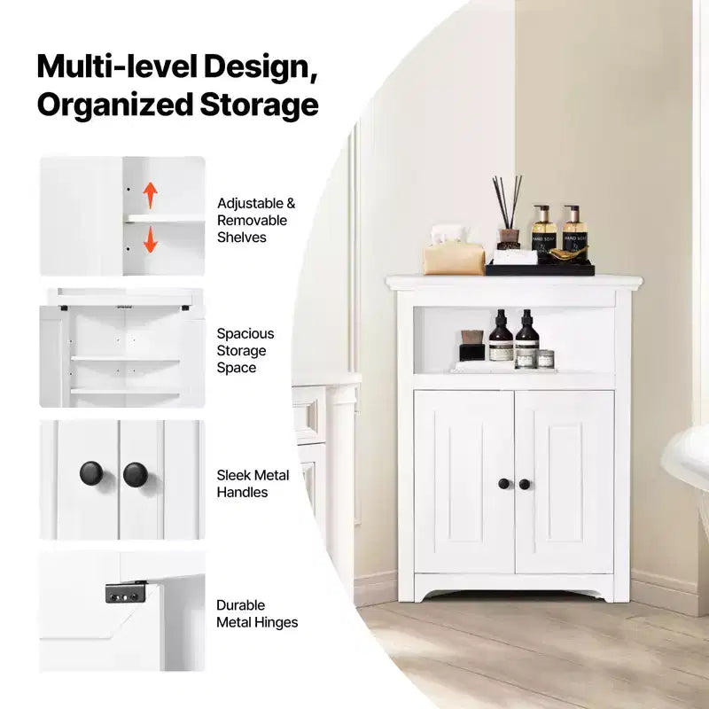 VEVOR 32 Corner Storage Cabinet, 3 Tiers Small Storage Cabinet with 2 Wooden Doors & Adjustable Shelves, Freestanding Corner Kitchen Cabinet