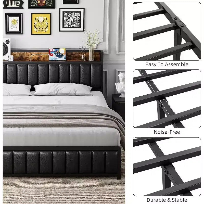 Acekool Upholstered Platform Bed Frame with Storage Headboard, USB Ports & Strong Metal Slats
