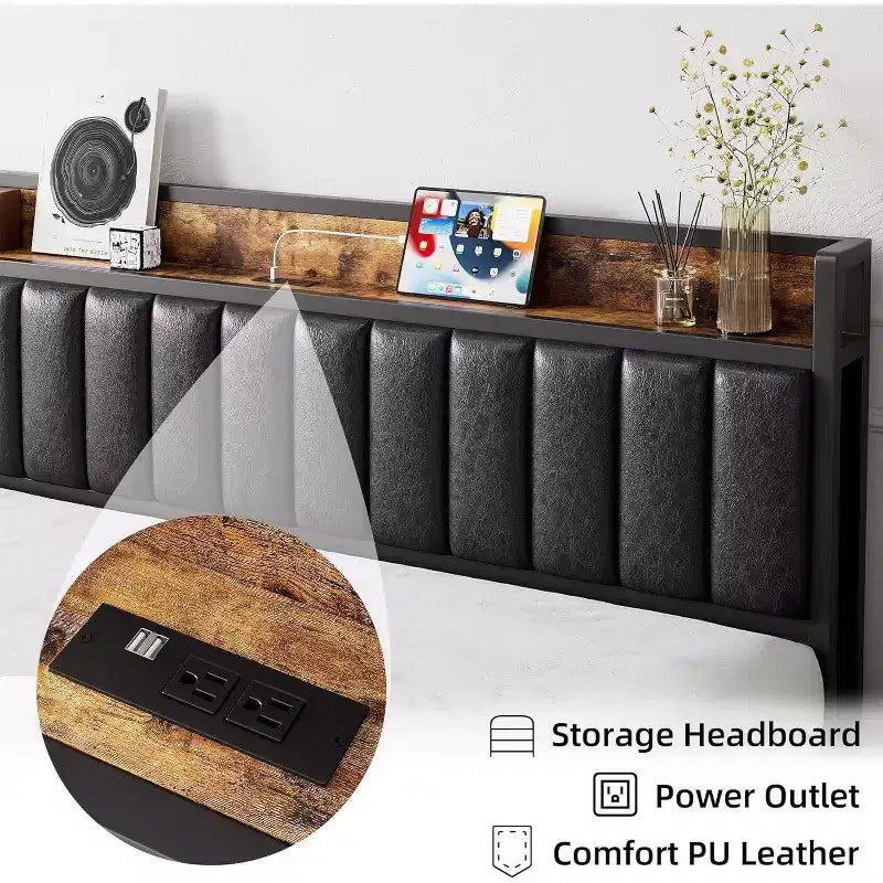 Acekool Upholstered Platform Bed Frame with Storage Headboard, USB Ports & Strong Metal Slats
