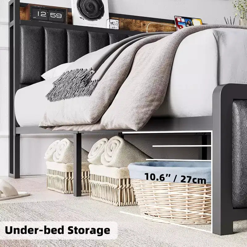 Acekool Upholstered Platform Bed Frame with Storage Headboard, USB Ports & Strong Metal Slats