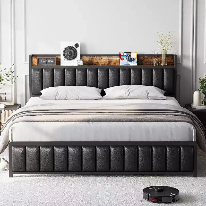 Acekool Upholstered Platform Bed Frame with Storage Headboard, USB Ports & Strong Metal Slats