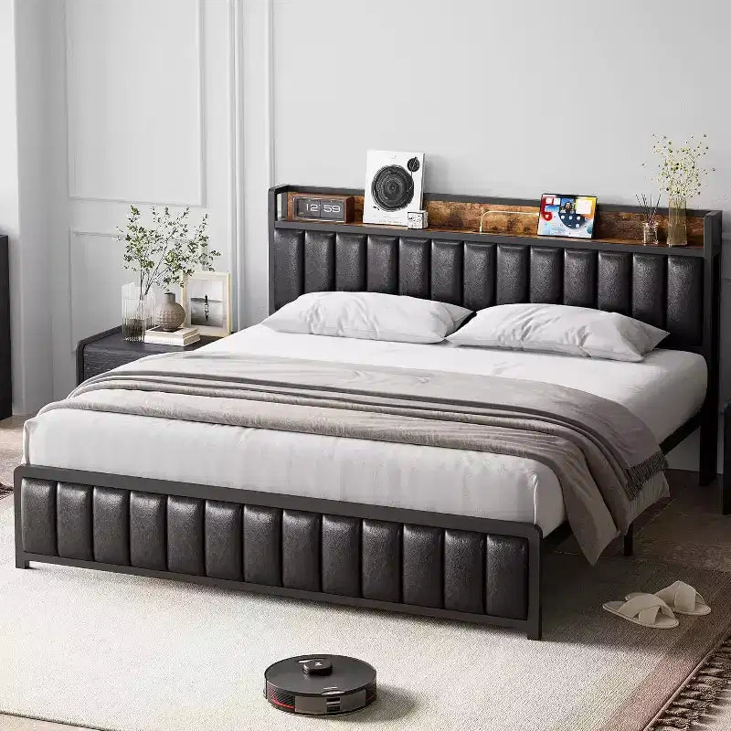 Acekool Upholstered Platform Bed Frame with Storage Headboard, USB Ports & Strong Metal Slats