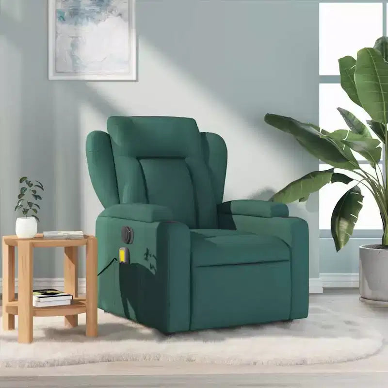VidaXL Dark Green Fabric Massage Recliner Chair - Manual Recline, USB Vibration, Cup Holders, Side Pocket, Padded Comfort