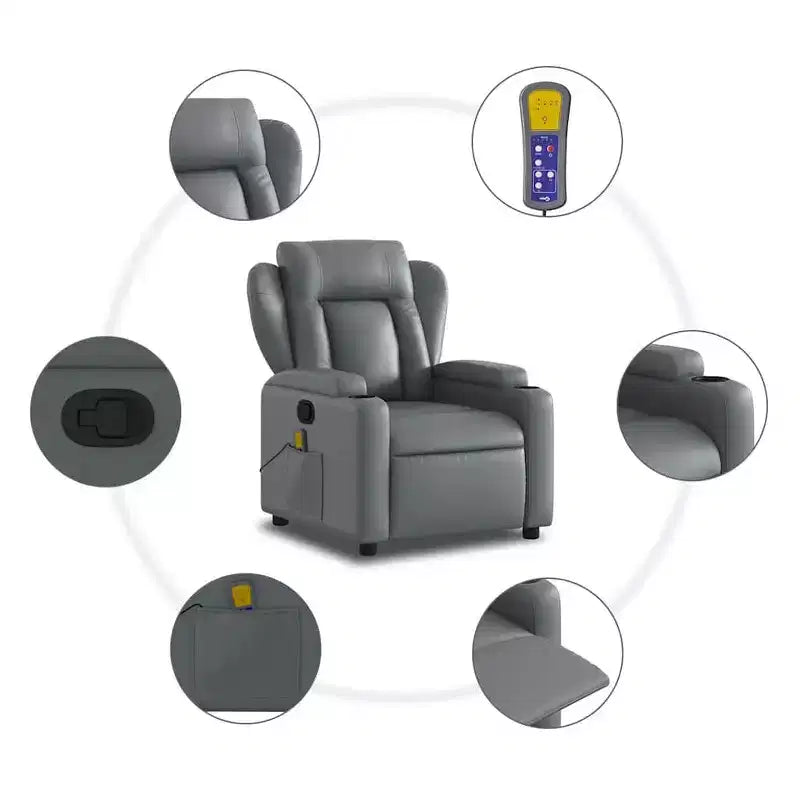 vidaXL Gray Faux Leather Massage Recliner Chair with Manual Recline, Cup Holders, USB Vibration & Padded Seating