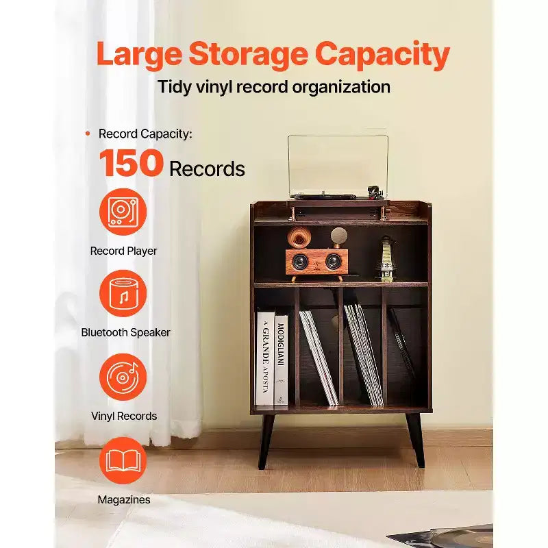 VEVOR Record Player Stand with Light, 3 Tiers Turntable Stand with Charging Station & USB Ports, Holds up to 150 Albums, Brown