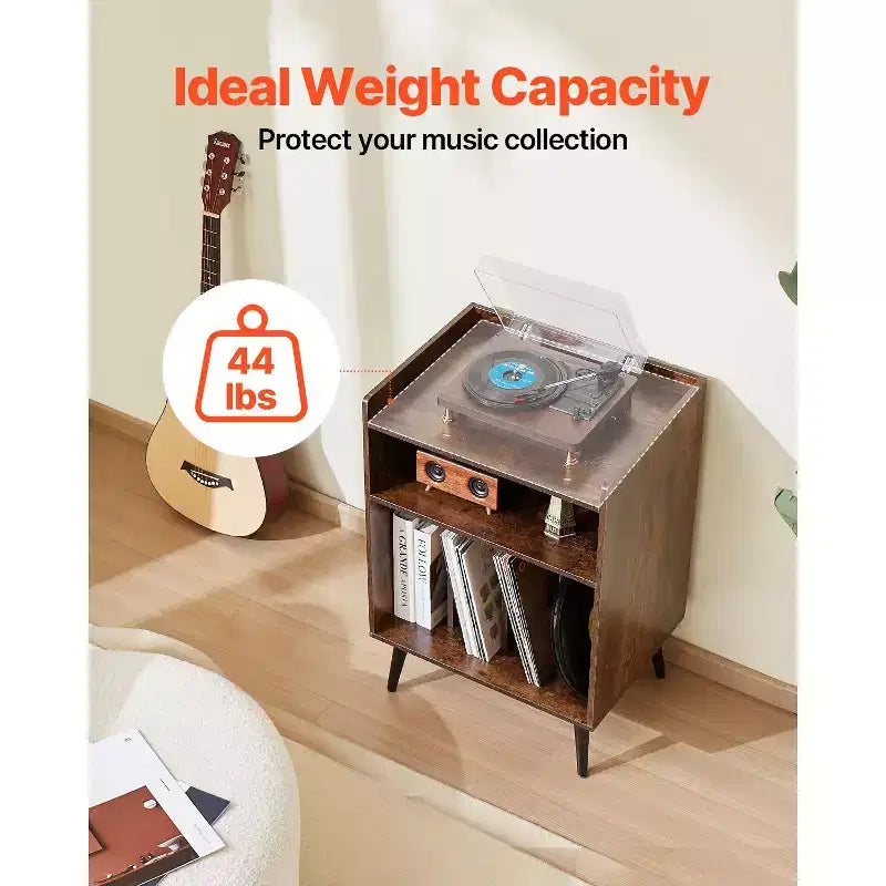 VEVOR Record Player Stand with Light, 3 Tiers Turntable Stand with Charging Station & USB Ports, Holds up to 150 Albums, Brown
