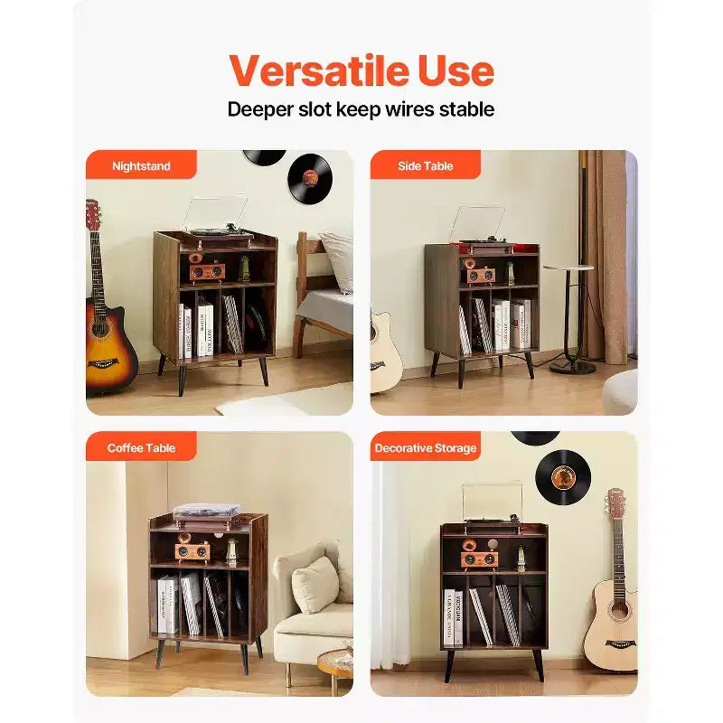 VEVOR Record Player Stand with Light, 3 Tiers Turntable Stand with Charging Station & USB Ports, Holds up to 150 Albums, Brown