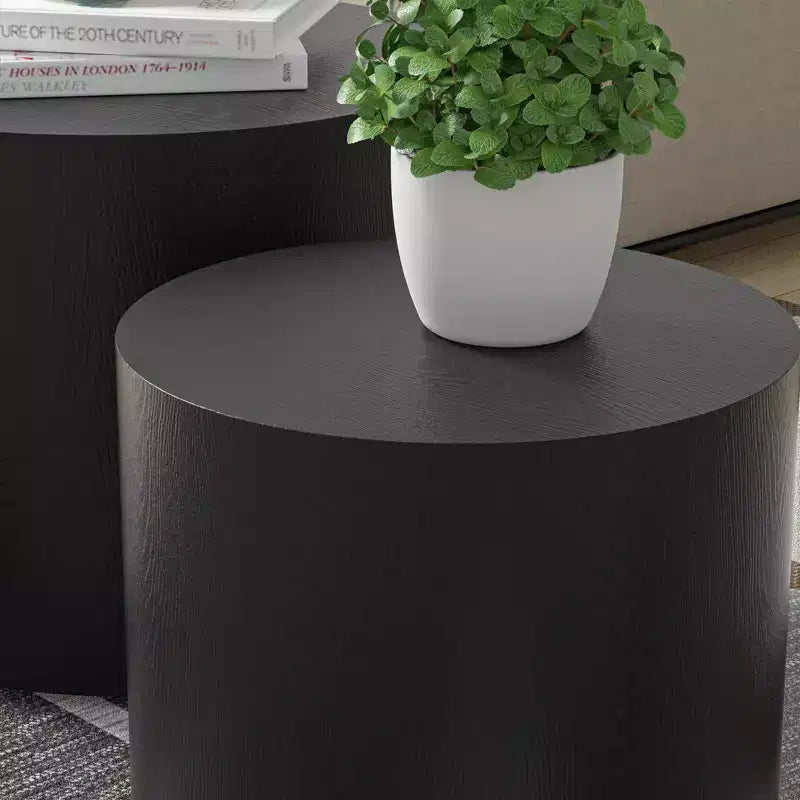 Okak Modern Nesting Coffee Table Set of 2, Cylinder Wood Grain End Side Tables for Living Room Office Balcony Yard