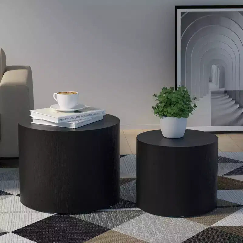 Okak Modern Nesting Coffee Table Set of 2, Cylinder Wood Grain End Side Tables for Living Room Office Balcony Yard