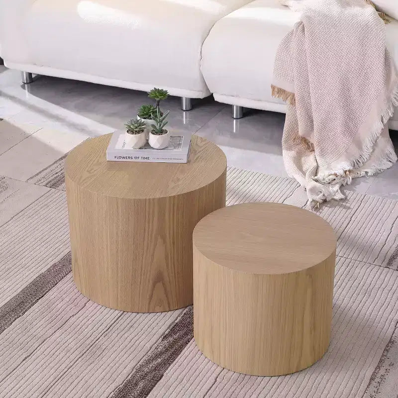 Okak Modern Nesting Coffee Table Set of 2, Cylinder Wood Grain End Side Tables for Living Room Office Balcony Yard